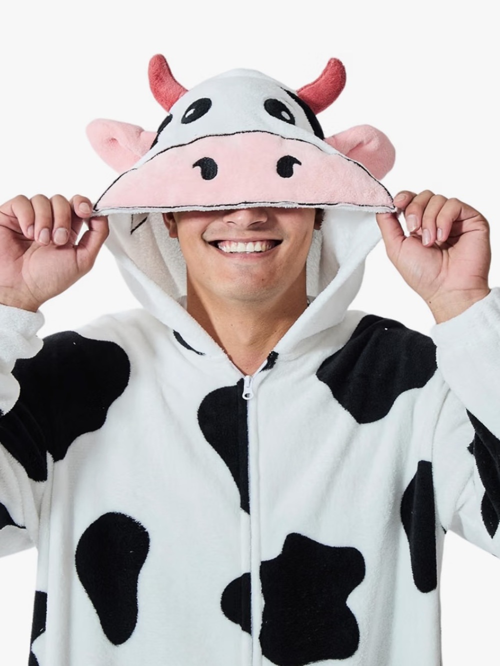 Bioworld Adult Unisex Cow Hooded Onesie - White, Black & Pink